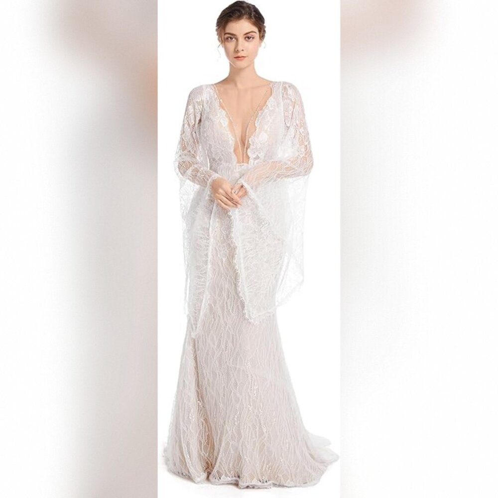 Lace Flare Sleeves Mermaid Wedding Dress Boho Beach Sexy Deep V Open Back SZ 8